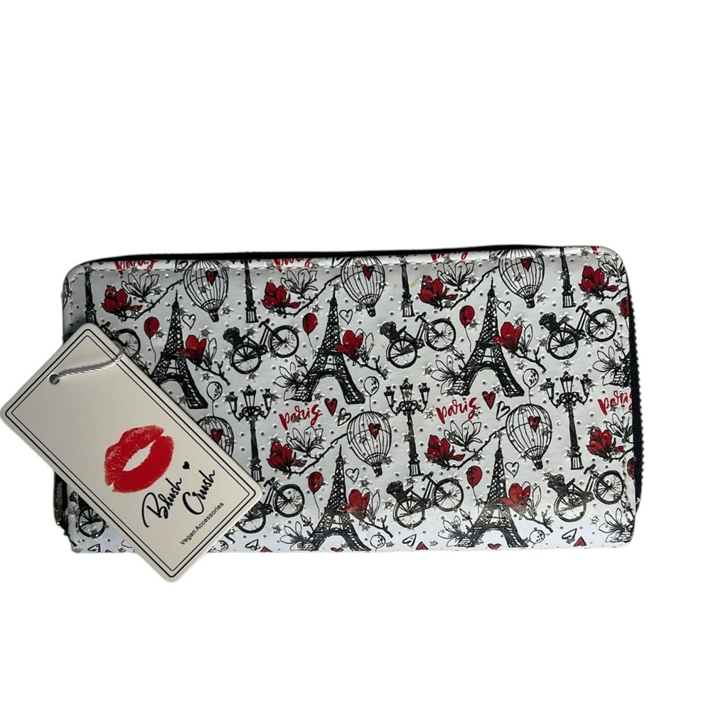 Blush‎ Crush Eiffel Tower Sparkle Zip Around Vegan Wallet NEW